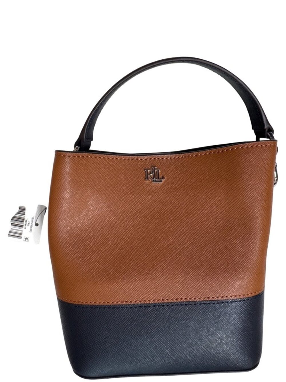 Lauren Ralph Lauren Small 2 Tone Leather Reese Bucket Bag Tan/Navy (no long stra - Picture 6 of 12